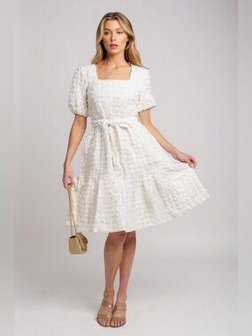 ON CLOUD NINE PUFF SLEEVE SQUARE NECK TIERED POCKETS MIDI DRESS